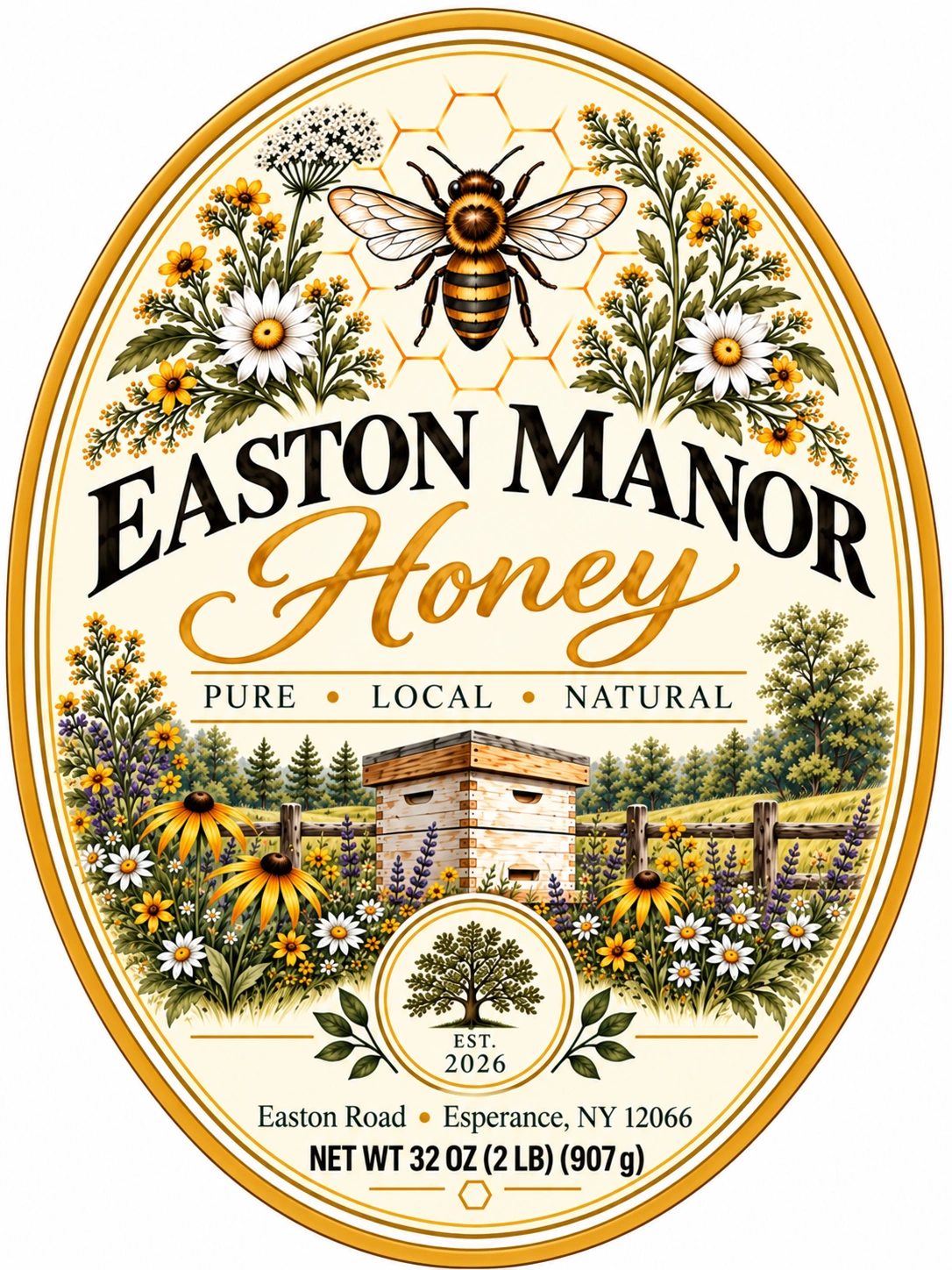 Approved Easton Manor Honey label with a bee, wildflowers, and hive illustration